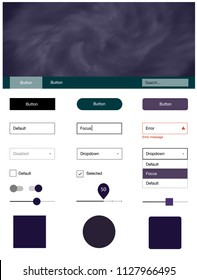 Dark Purple vector wireframe kit with galaxy stars. Modern Style guide with colorful gradient sky in its header. Simple colorful design for websites.
