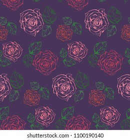 Dark purple vintage seamless pattern with hand drawn scratched pink roses and green leaves. Romantic retro flowers texture for textile, wrapping paper, surface, wallpaper