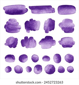 Dark purple, violet watercolor vector elements set. Aquarelle brush strokes, smudges, gradient smears, oval watercolour shapes, doodle circles, paint spots, dots, round stains. Backgrounds collection