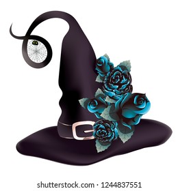 Dark purple witch hat decorated with with blue roses and spider web.