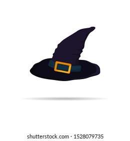Dark purple witch hat with gold buckle for Halloween holiday. Vector illustration.