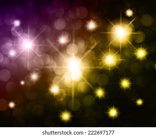 Dark Purple yellow Defocused Light, Flickering Lights, Vector abstract festive background with bokeh defocused lights. universe, galaxies, stars. 