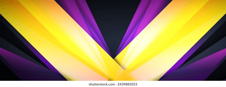 Dark purple and yellow modern abstract wide banner with geometric shapes and lines. Dark violet and yellow abstract background design template. Vector illustration