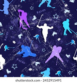 Dark purplish blue sports texture. Hockey ice arena with children hockey players. Skates, sticks and pucks. Vector illustration.