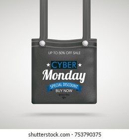 Dark purse bag with with the text Cyber Monday, Special Discount. Eps 10 vector file.