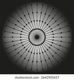 Dark radial shape. Vector orbit design. Geometric circle layout. Gradient black background.
