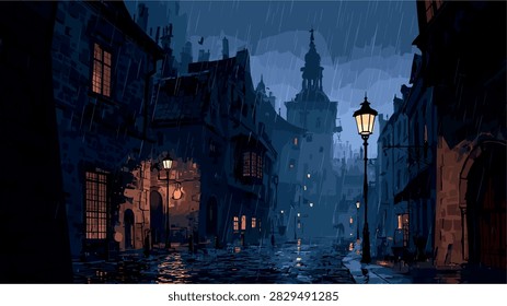 Dark Rainy Old Town Street with Glowing Lanterns