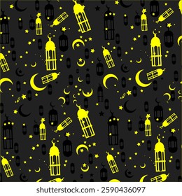 Dark Ramadan background with golden lanterns and mystical crescent moons.
