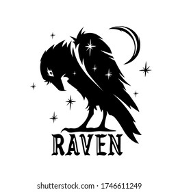 Dark raven silhouette icon. Black crow graphic at night with moon and stars design. Vector bird illustration.