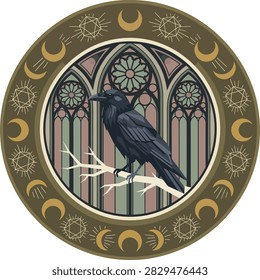 A dark raven sits on a branch inside a circular frame decorated with moon phases and sun symbols. Gothic stained glass background creates a magical, spiritual atmosphere.