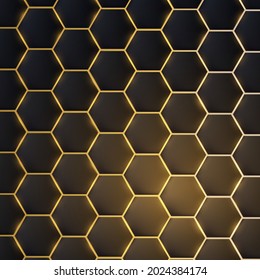 Dark realistic 3d texture of hexagon or honeycom, golden structure on black backdrop, modern background