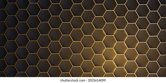 Dark realistic 3d texture of hexagon or honeycom, golden structure on black backdrop with light flare accent, modern background