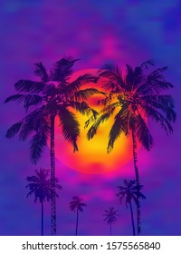 Dark realistic palms silhouettes against the background of a tropical sunset and full moon. Vector illustration