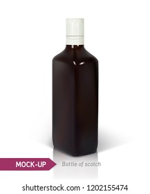 Dark realistic square Scotch bottle isolated on white background with reflection. Mockup for bottle design with a strong drink such as scotch, whiskey, brandy, etc.