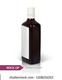 Dark realistic square Scotch bottle isolated on white background with reflection. Mockup for bottle design with a strong drink such as scotch, whiskey, brandy, etc.