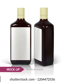 Dark realistic square Scotch bottles isolated on white background with reflection. Mockup for bottles design with a strong drinks such as scotch, whiskey, brandy, etc.