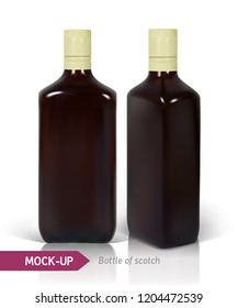 Dark realistic square Scotch bottles isolated on white background with reflection. Mockup for bottles design with a strong drinks such as scotch, whiskey, brandy, etc.