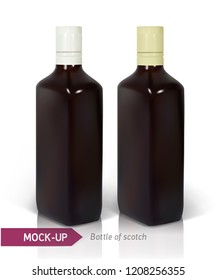 Dark realistic square Scotch bottles isolated on white background with reflection. Mockup for bottles design with a strong drinks such as scotch, whiskey, brandy, etc.