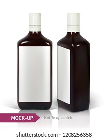 Dark realistic square Scotch bottles isolated on white background with reflection. Mockup for bottles design with a strong drinks such as scotch, whiskey, brandy, etc.