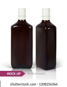 Dark realistic square Scotch bottles isolated on white background with reflection. Mockup for bottles design with a strong drinks such as scotch, whiskey, brandy, etc.
