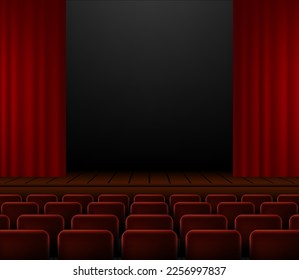 Dark realistic Theater stage with red curtains and spotlight in the center. Template for banner. Theater interior empty wooden stage, luxurious velvet curtains and light beam. Vector illustration.