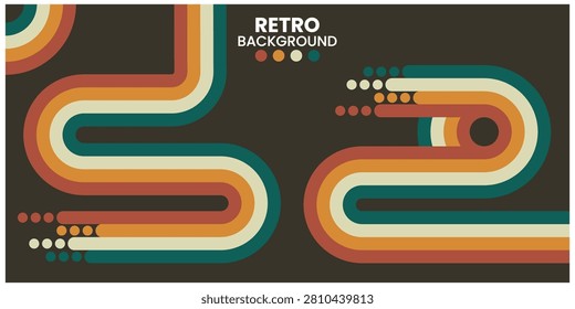 Dark rectangular background with bold retro curved stripes in orange, teal, cream, and brown forming looping paths and dotted accents.