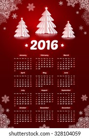 Dark red 2016 New Year calendar with white paper Christmas trees and snowflakes