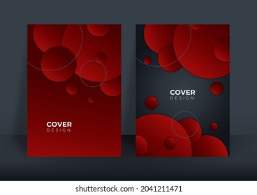 Borde oscuro rojo en 3d con el concepto corporativo moderno. Conjunto de dos plantillas de diseño de portada con decoración de formas geométricas superpuestas, solapamientos de degradado de círculo