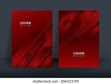 Dark red 3d background with modern corporate concept. Set of two cover design template with overlap geometric shapes decoration