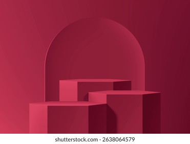 Dark red 3D hexagon podium with arch frame backdrop scene. Minimalist mockup pedestal, Abstract cosmetic stand product display presentation, Stage for showcase. Platforms vector design. Studio room.