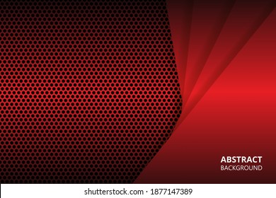 Fondo abstracto rojo oscuro con fibra de carbono y formas triangulares. Patrón texturado de carbono negro. Formas geométricas triangulares rojas en una rejilla de carbono.