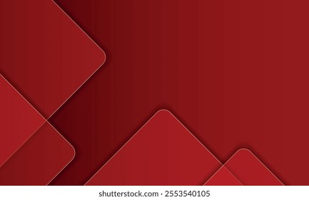 Dark red abstract background with gold lines and shadow. Geometric shape overlap layers. Transparent squares. Modern luxury rounded squares graphic pattern banner template design