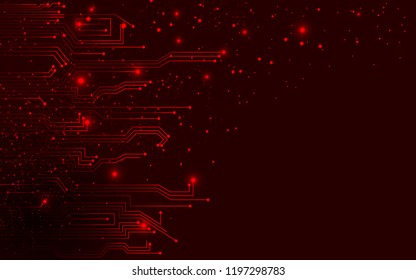 Dark red abstract digital background with technology circuit board texture. Electronic motherboard illustration. Communication and engineering concept. Vector illustration