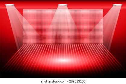 Dark red Abstract light lamps background for Technology computer graphic website internet and business.. Screen on stage. Vector illustration.Spot Effect. neon. point, platform, Spotlights. 