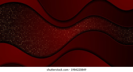 Dark red abstract wavy background with golden shiny dots. Vector illustration