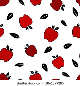 Dark red apple and black leaves black oultine, seamless pattern, vector illustration over white background