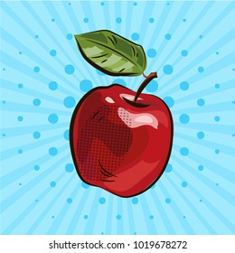 Dark red apple with green leaf on blue background, food, eco, illustration, hand drawing, pop art, dots, cartoon