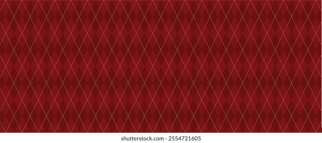 Dark Red Argyle Vector Pattern. Christmas Background. Golf Textile Print. Emerald Diamonds with Gold Accent Lines. Seamless Pattern Tile.