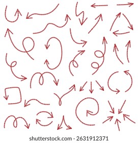 Dark red arrows hand sketched curved direction elements vibrant tone minimal set, Flat Illustration

