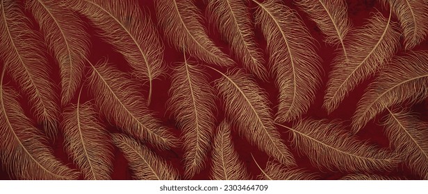 Dark red art background with hand drawn feathers in gold line art style. Vector pattern for decoration design, wallpaper, print, interior design, poster, textile.