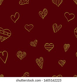 Dark red backdrop with outline hand drawn heart shapes. Seamless pattern for Valentine day design. Vector illustartion.