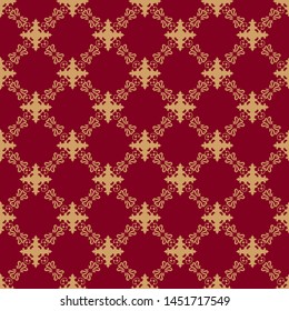 Dark red background with beautiful gold ornaments. Luxury seamless vector pattern