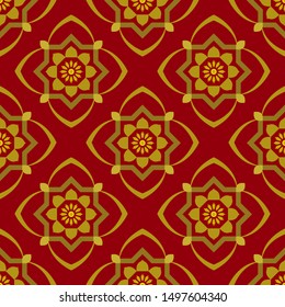 Dark red background with beautiful gold ornaments. Luxury seamless vector pattern