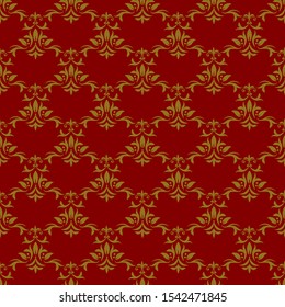 Dark red background with beautiful gold ornaments. Luxury seamless vector pattern