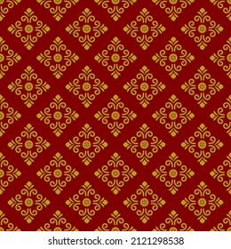 Dark red background with beautiful golg ornaments. Luxury seamless vector pattern