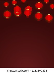 Dark red background with Chinese lanterns vector illustration.