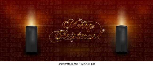 Dark red background with decorative lighting, golden inscription Merry Christmas and typography halftone pattern. Vector holiday illustration.Greeting card or party invitation template. Happy New Year