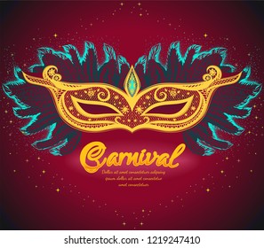 Dark red background with gold carnival mask and green and blue feathers for design invitation card, flyer, poster on the festival, masquerade, Brazilian carnival, prom.