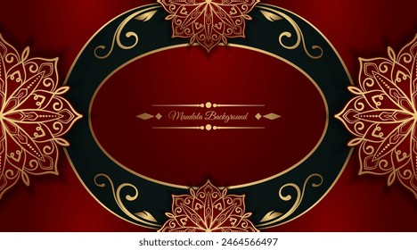 Dark red background, with gold mandala ornaments, and elegant frames
