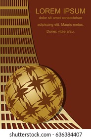 Dark red background with golden grid and sphere in op-art style, blank space for own text, 3d illusion